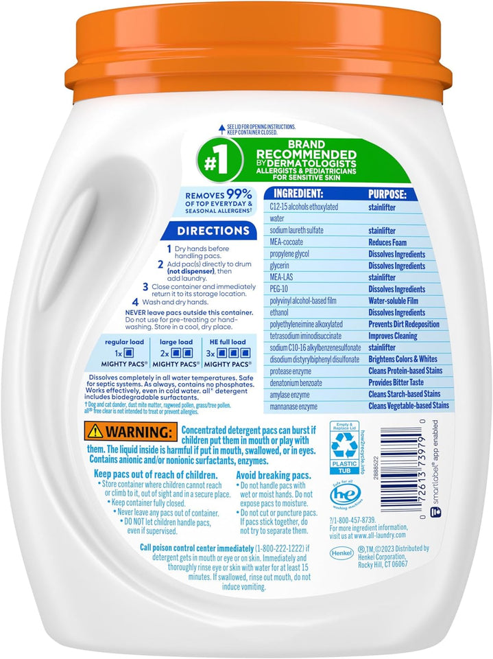 All Laundry Detergent Pacs, Mighty Pacs with OXI Stain Removers and Whiteners, Free Clear, Unscented and Dye Free, 56 Count