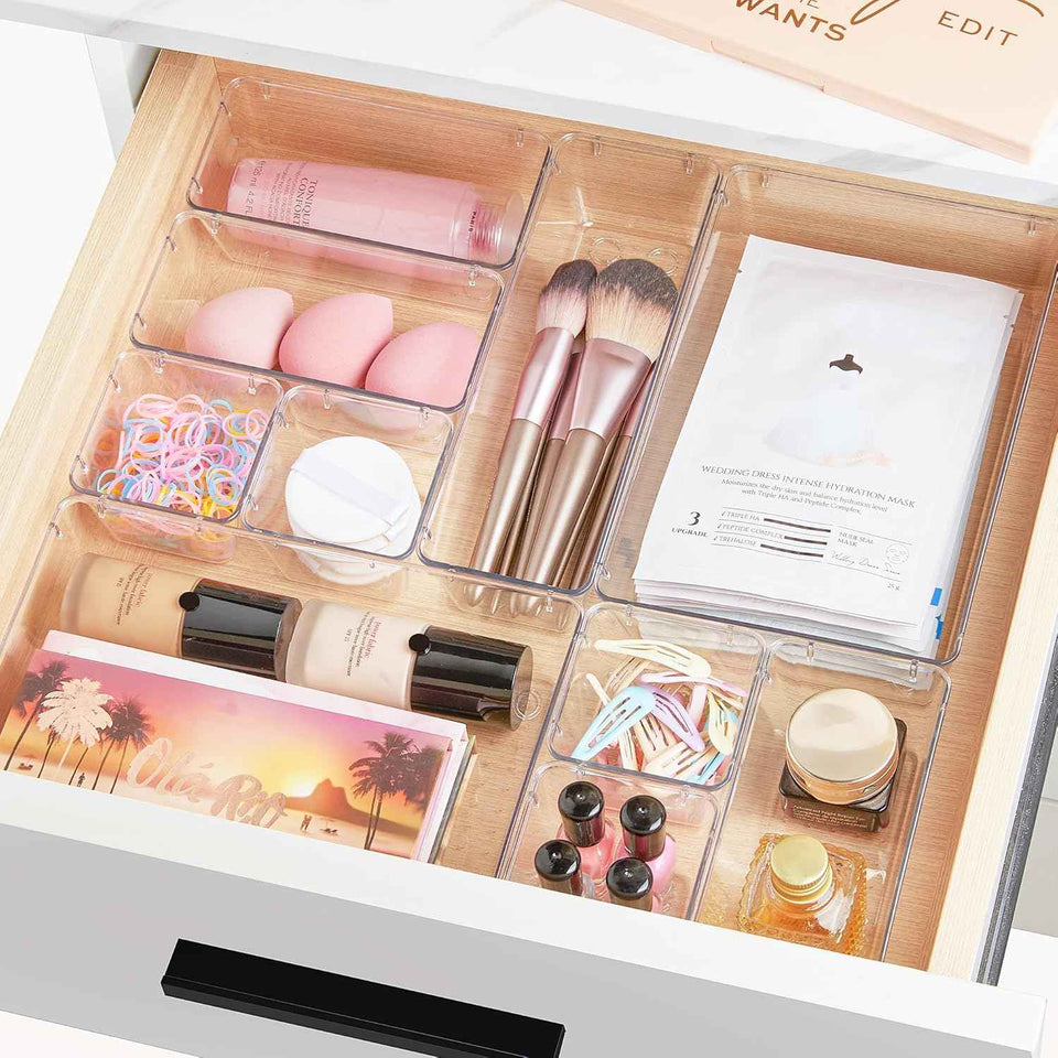 Vtopmart 44-Piece Clear Plastic Drawer Organizers, Versatile Storage Trays for Bathroom, Vanity, Bedroom, Kitchen
