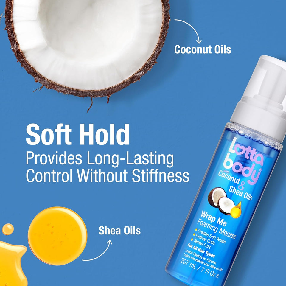 Lottabody Coconut Oil and Shea Wrap Me Foaming Curl Mousse , Creates Soft Wraps, Hair Mousse for Curly Hair, Defines Curls, Anti Frizz, 7 Fl Oz