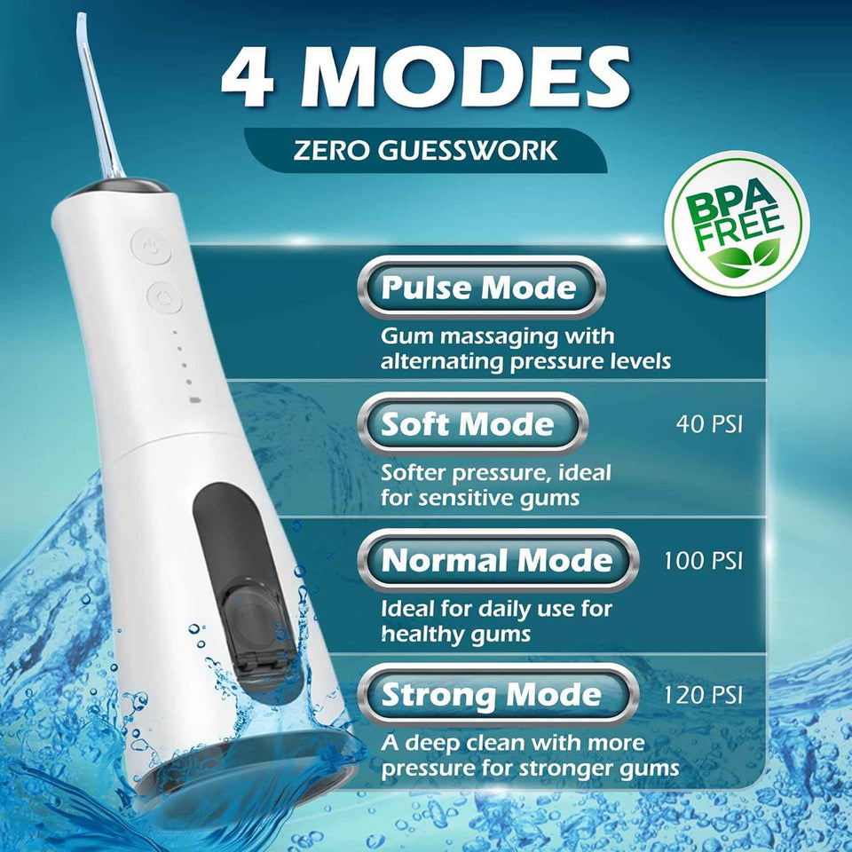 120PSI portable rechargeable water dental flosser for healthier teeth and gums with 4 pressure modes