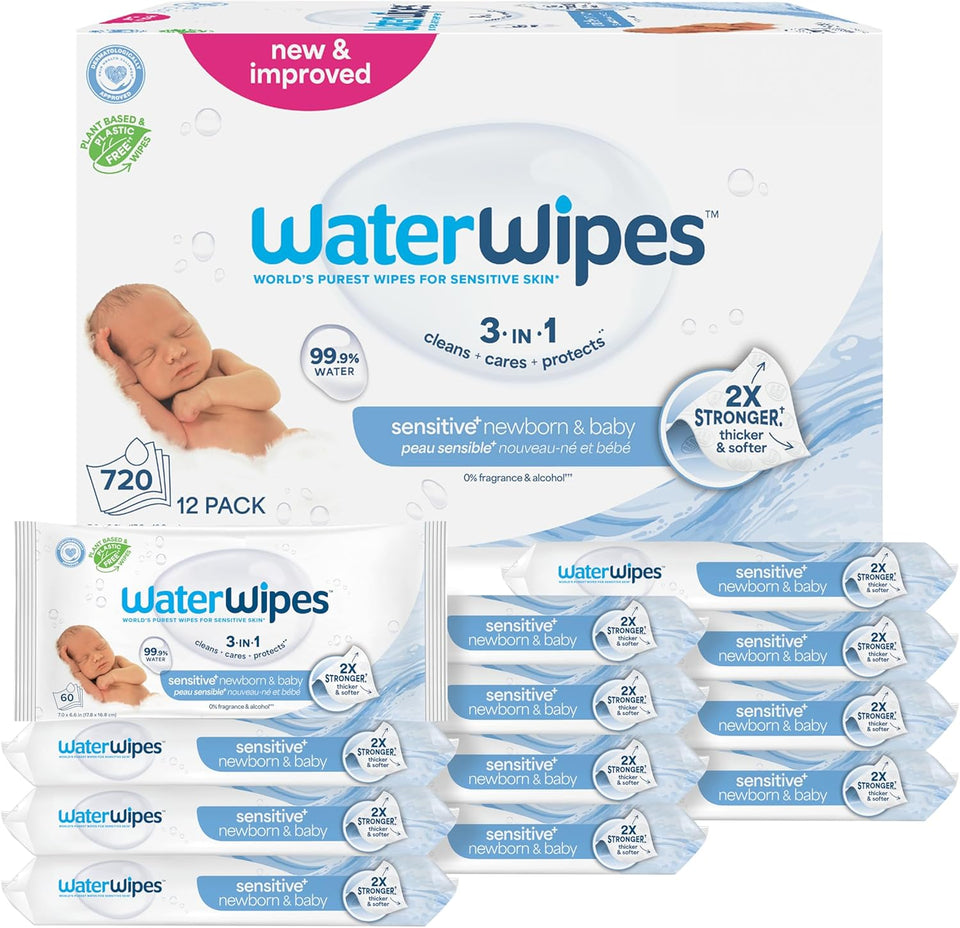 WaterWipes Sensitive+ Newborn & Baby Wipes, 3-in-1 cleans, cares, protects, 99.9% water, unscented & hypoallergenic, 60 count, 2x stronger, thicker & softer