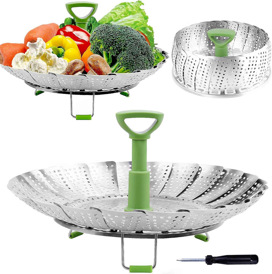 Stainless Steel Veggie Steam Basket for Pot, Foldable and Expandable Steaming Insert with Extendable Handle Fits 5.1" to 9" Pots