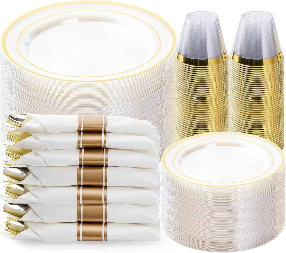 BESTVIP 700PCS Gold Plastic Dinnerware Set for 100 Guests, Disposable Plates for Party, Include: 200 Plastic Plates, 100 Pre Rolled Napkins with Gold Silverware, 100 Cups for Christmas, Halloween