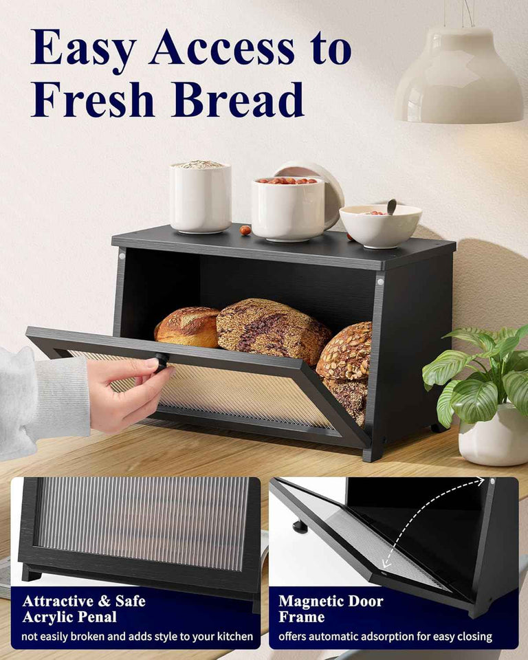 Kitsure Wooden Bread Box with Window, Large Capacity Kitchen Organizer, Stylish Black Storage Container