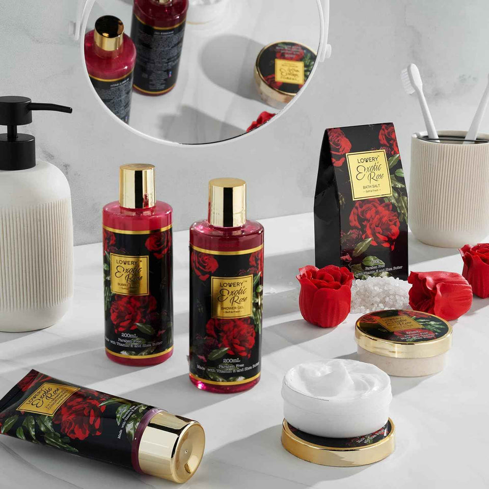 Exotic Rose Valentine Gift Basket for Women, Spa Bath and Body Gift Set with Rose Soaps and Bath Salts