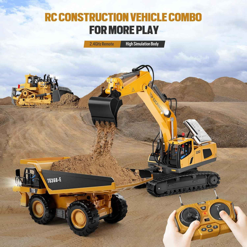 KIDMARKT Remote Control Excavator Toy for Boys | 11-Channel Metal Construction Truck with Lights, 2×1200mAh Batteries, 120-Min Playtime | RC Excavator Toys for Kids Ages 3-12, STEM Gift for Birthday