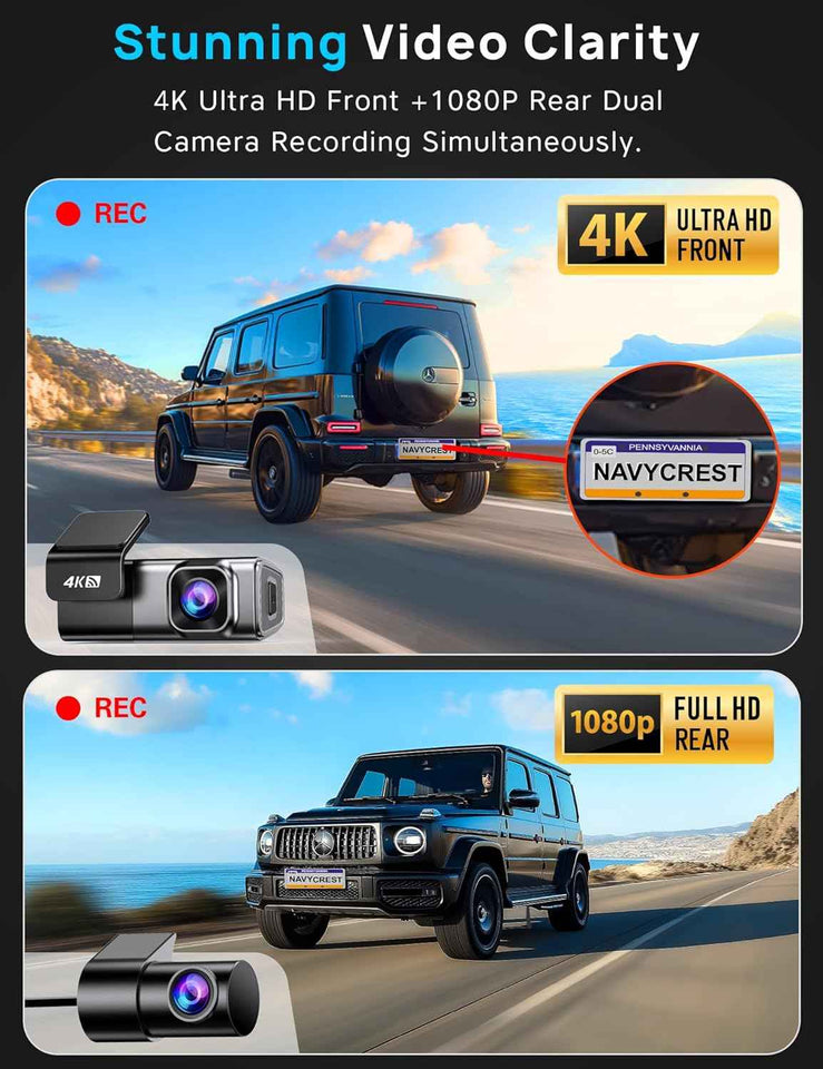navycrest 4k dual dash cam front and rear with 64gb card, built-in 5g wifi, gravity sensor