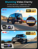 navycrest 4k dual dash cam front and rear with 64gb card, built-in 5g wifi, gravity sensor