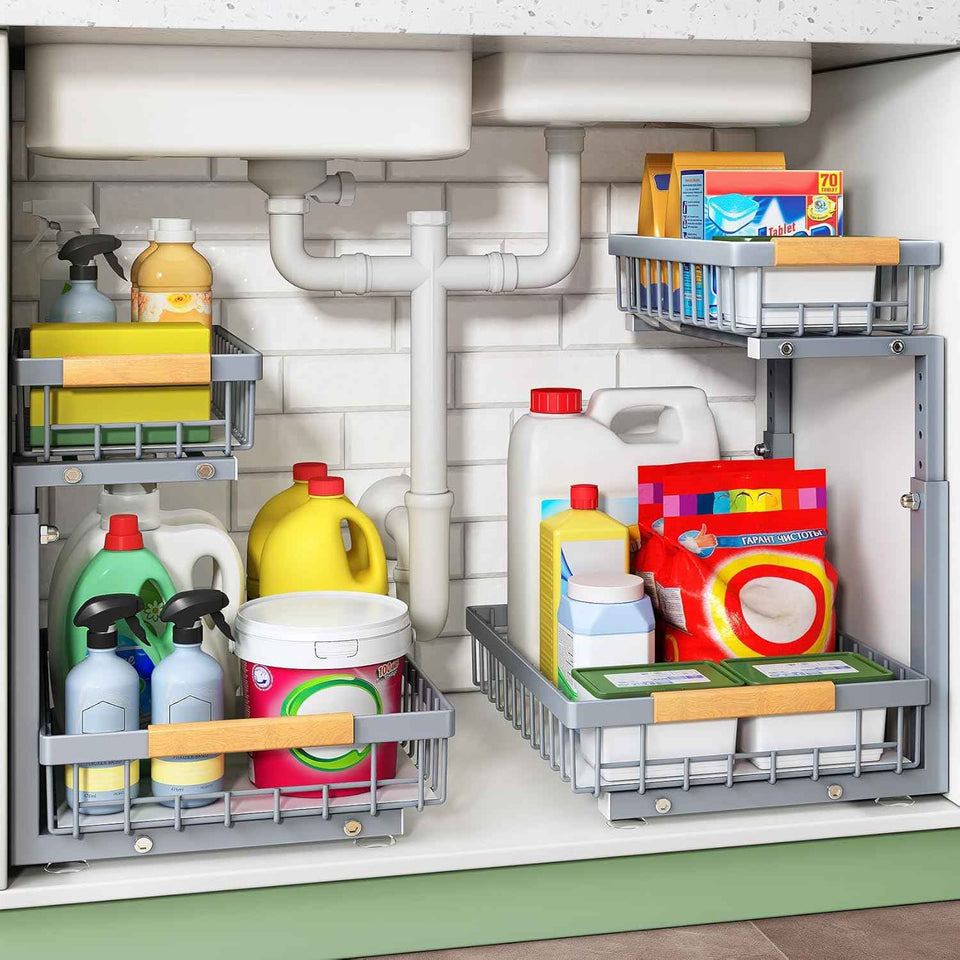 Under Sink Organizer, 2 Packs 2 Tier Under Sink Organizers and Storage, Slide out Pull out Cabinet Organizer Shelf, Metal Sliding Drawer for Kitchen Bathroom Pantry Cabinet Closet Organization Rack