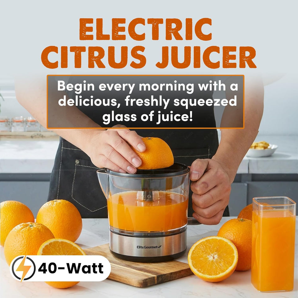 Elite Gourmet ETS623 BPA-Free 40-Watt Electric Citrus Juicer, Compact, Large Volume, Pulp Control, Oranges, Lemons, Limes, Grapefruits with Easy Pour Spout, 24oz, Black/Stainless Steel
