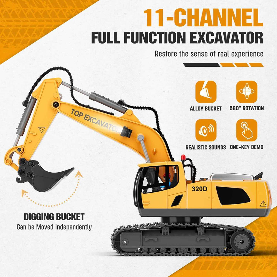 KIDMARKT remote control excavator toy for boys, 11-Channel metal construction truck with lights, 2x1200mAh batteries, 120-Min playtime
