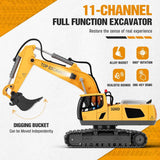 KIDMARKT remote control excavator toy for boys, 11-Channel metal construction truck with lights, 2x1200mAh batteries, 120-Min playtime