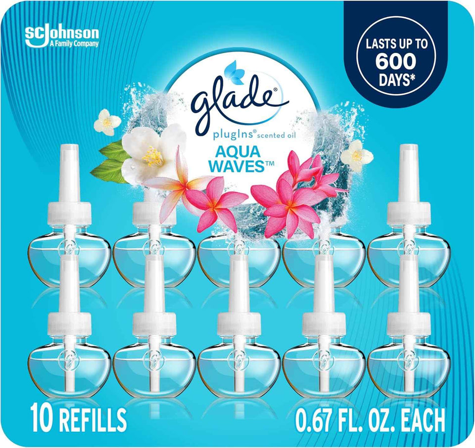 Glade PlugIns Air Freshener Refills, Aqua Waves Scent with Essential Oils, 10-Count