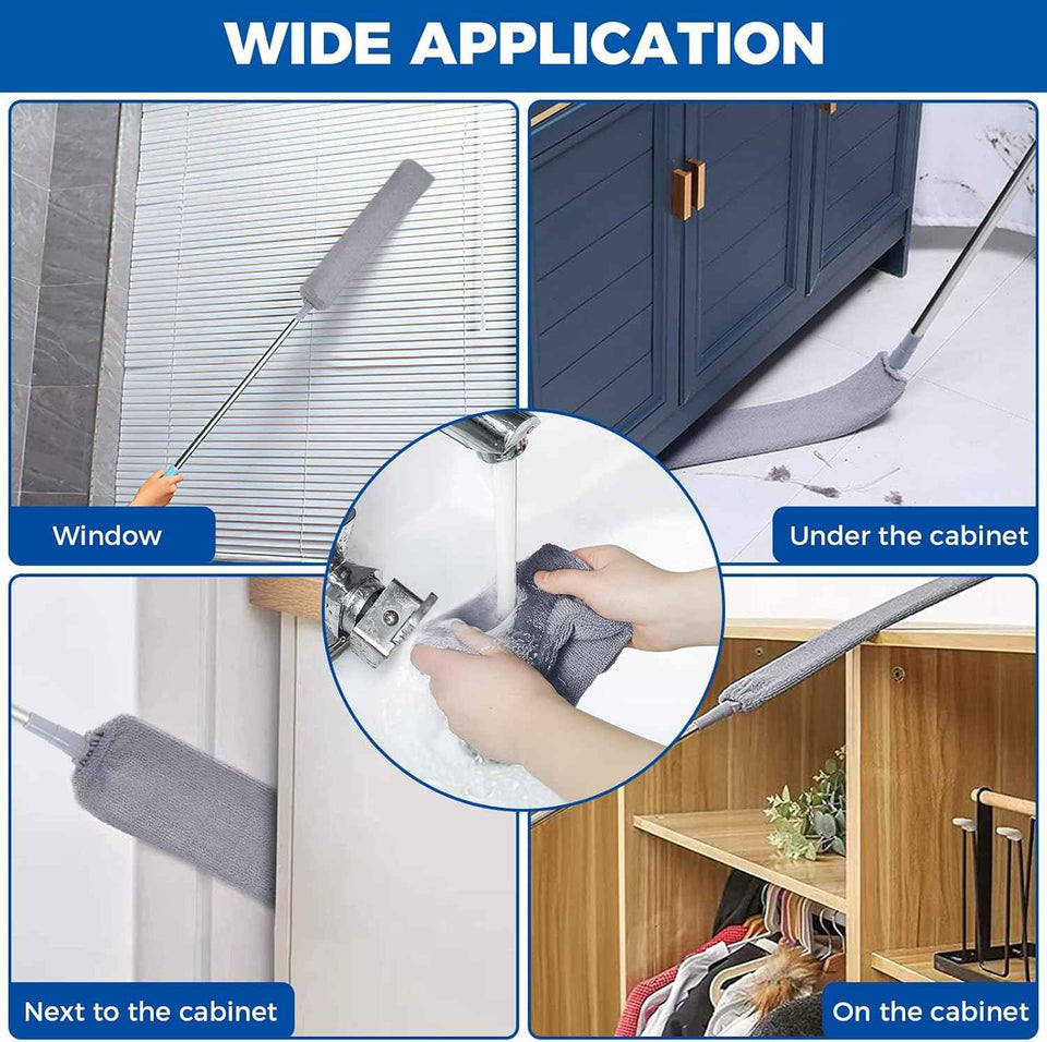 Retractable microfiber dusting cloths with long 60-inch handle for dusting under appliances furniture couch fridge