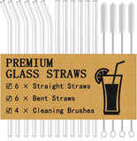 Piteno 16-Pack Reusable Clear Glass Straws Set with 4 Brushes, 8.5''x10MM, Straight and Bent for Smoothies, Juice, Tea