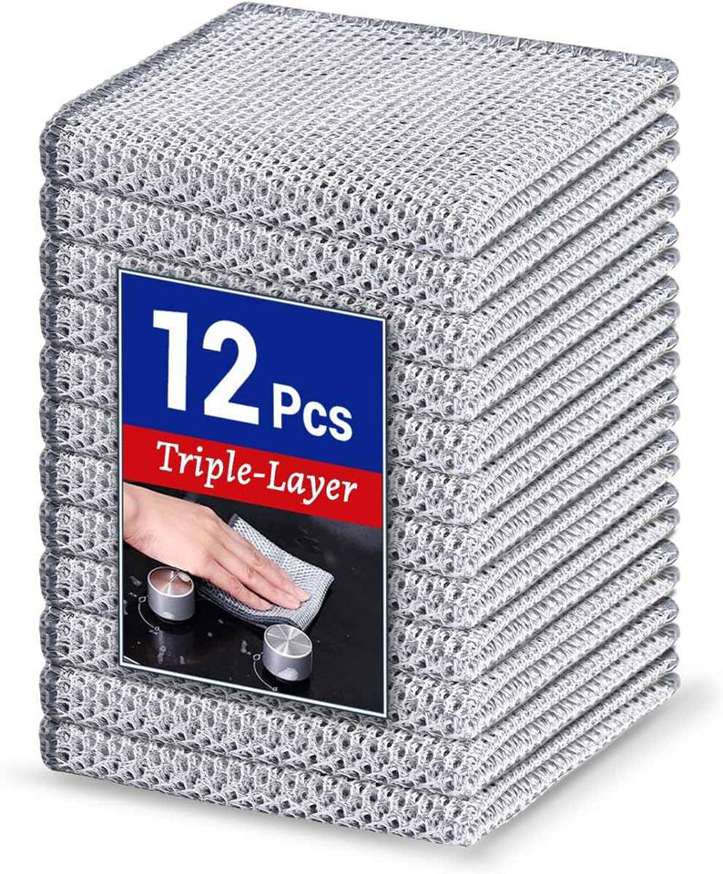 12 PCS 3-Layer Non-Scratch Multipurpose Steel Wire Dishcloths - Reusable Quick-Dry Odor-Free Scrub Cloths
