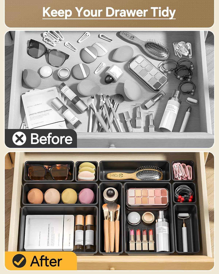 25-piece plastic drawer organizer set, 4 sizes, black, for makeup and desk storage