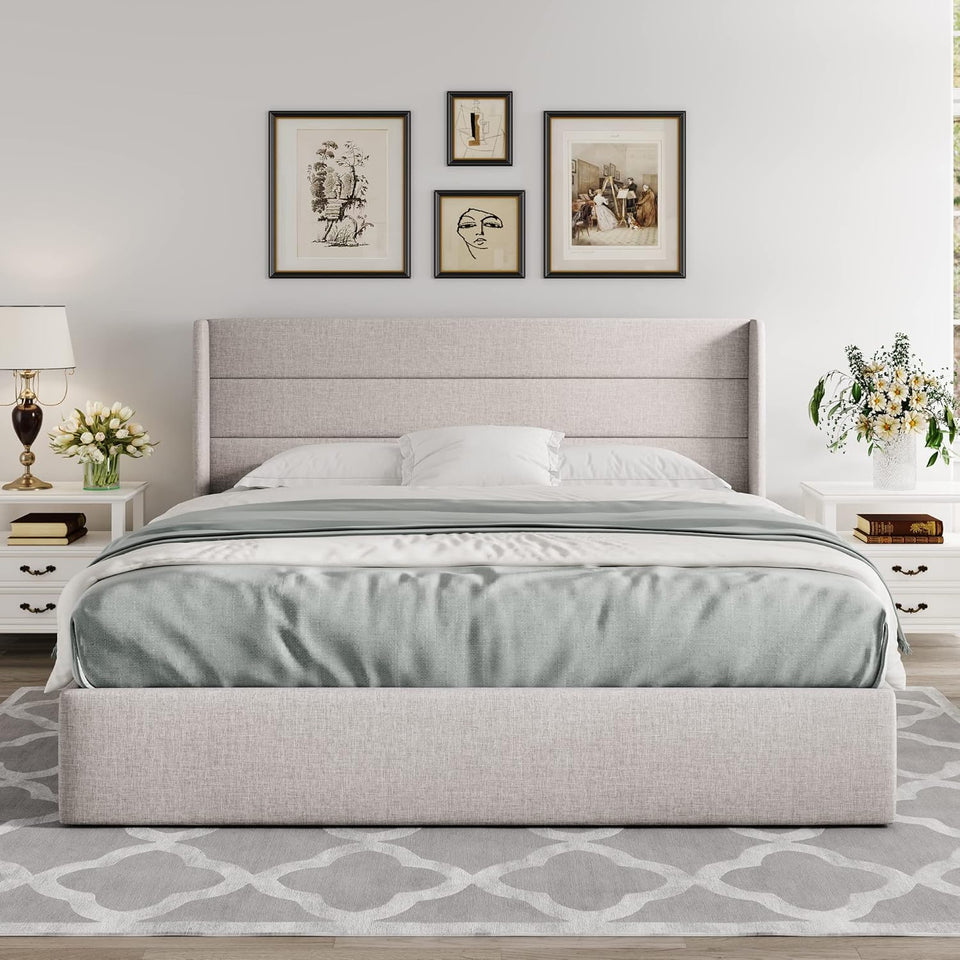 Allewie King Size Lift Up Storage Bed, Modern Wingback Headboard, Hydraulic Support, No Box Spring Needed, Light Beige