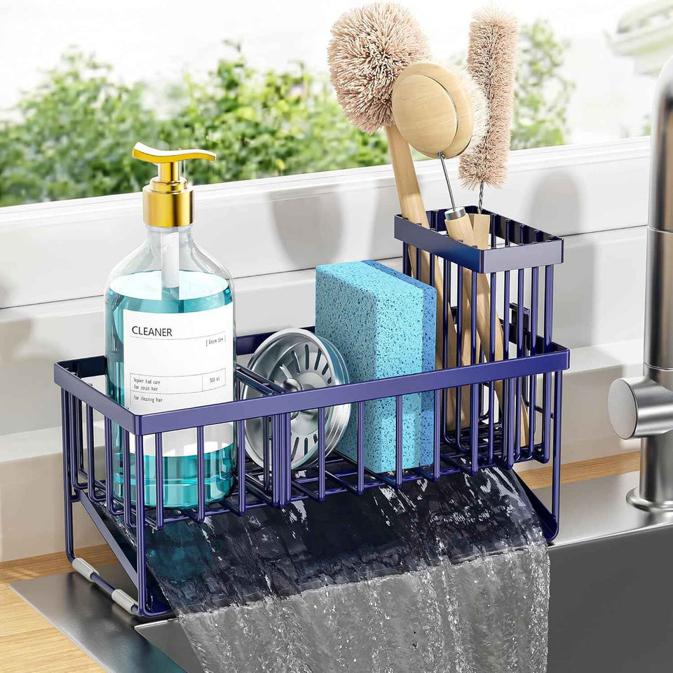 Cisily Sink Caddy Sponge Holder for Kitchen with Brush Holder and Stainless Steel Self Drain Tray, Rustproof Kitchen Sink Organizer for Sponge, Soap Dispenser Storage Accessories