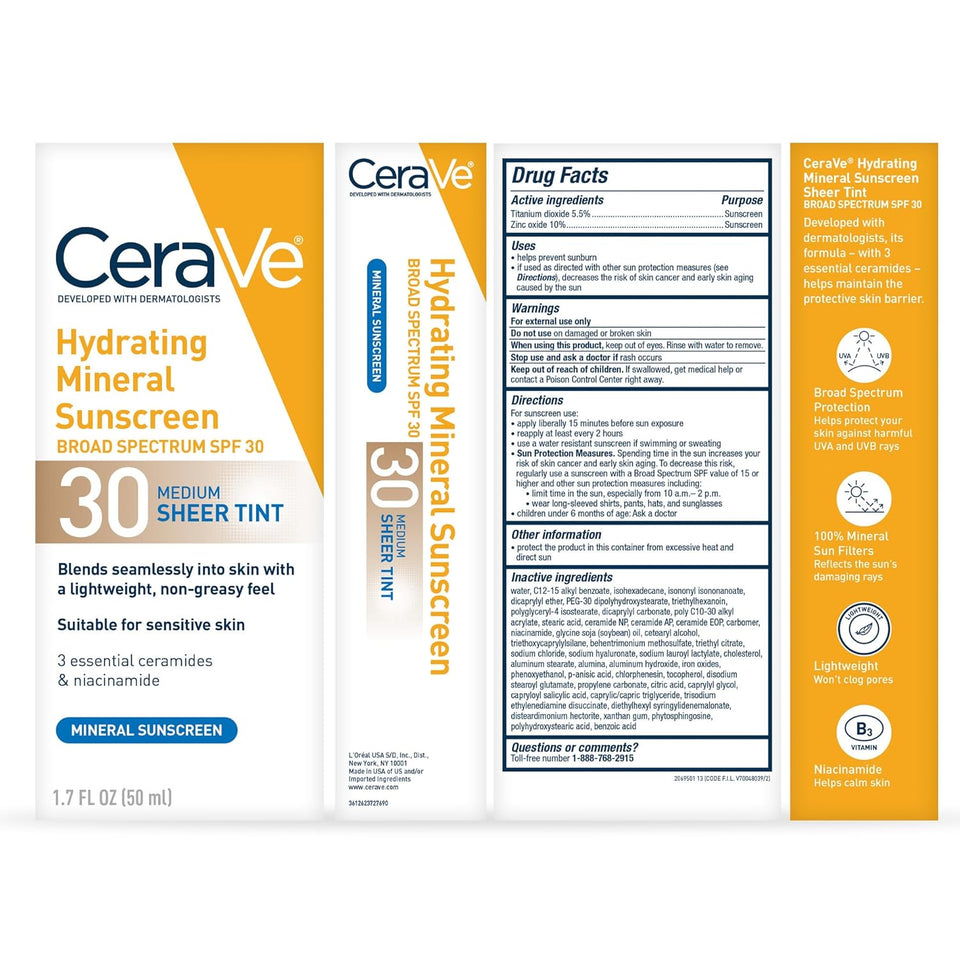 ceraVe hydrating mineral sunscreen spf 30 sheer tint medium 1.7 fl oz