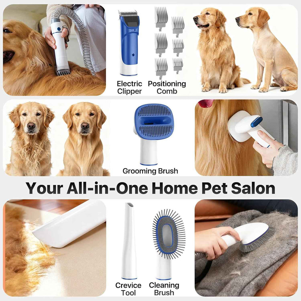 Dog grooming kit with 15000Pa pet hair clipper and shedding brush, 50dB low noise, white