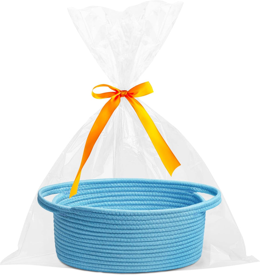 White small woven burr basket with gift bags and ribbons, 12" x 8" x 5", durable storage for gifts, baby toys, and living room essentials