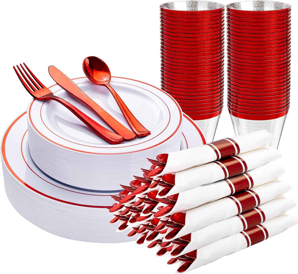 WELLIFE 700 Pieces Silver Plastic Dinnerware Set for 100 Guests - Includes Plates, Cups, Napkins, and Disposable Cutlery - Elegant White & Silver Design, Perfect for Parties and Events