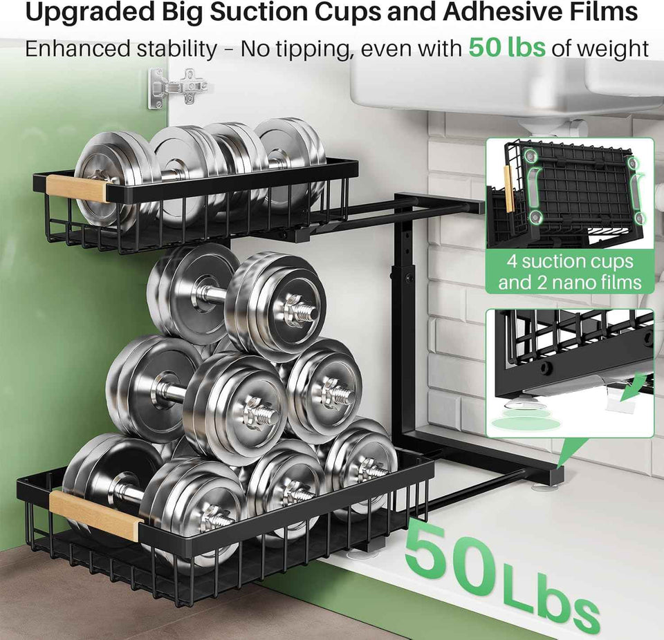 Under Sink Organizer, 2 Packs 2 Tier Under Sink Organizers and Storage, Metal Sliding Drawer for Kitchen Bathroom Pantry Cabinet Closet Organization Rack
