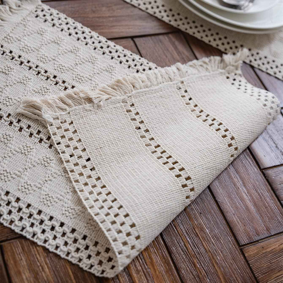 Alynsehom Macrame Hand Woven Cream Beige Boho Table Runner with Tassels 12x71in Cotton Rustic Farmhouse Kitchen Dining