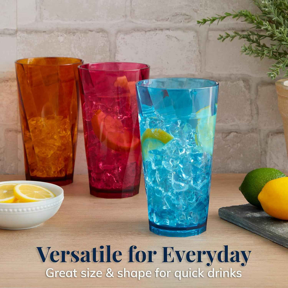 US Acrylic Optix 20oz BPA-free reusable drinking glasses set of 8 in jewel tone colors, made in USA, top rack dishwasher safe