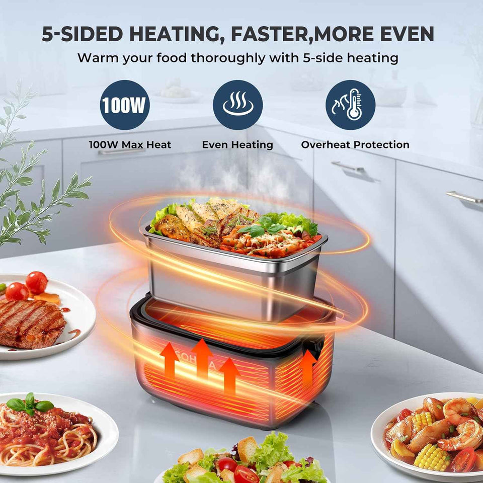 100W Cordless Electric Lunch Box for Adults, Rechargeable Battery Powered Heated Lunch Box with 5-Sided Heating for Work and Outdoor Use