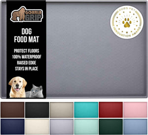 GORILLA GRIP 100% Waterproof Raised Edge BPA Free Silicone Pet Feeding Mat, Dog Cat Food Mats Contain Spills Protects Floors, Placemats for Cats and Dogs Water Bowl, Pets Accessories 18.5x11.5 Gray