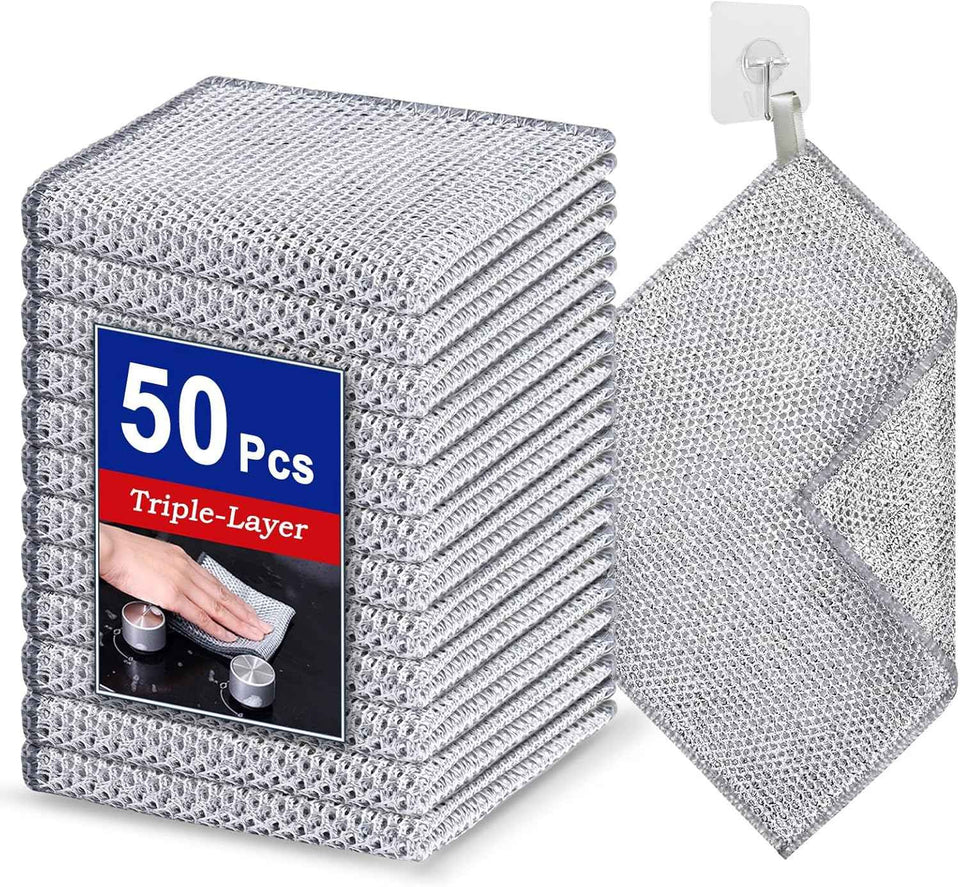 12 PCS 3-Layer Non-Scratch Multipurpose Steel Wire Dishcloths - Reusable Quick-Dry Odor-Free Scrub Cloths for Dishes, Kitchen Cleaning Cloths for Cookware, Sinks, Stove Tops(7.87X7.87)
