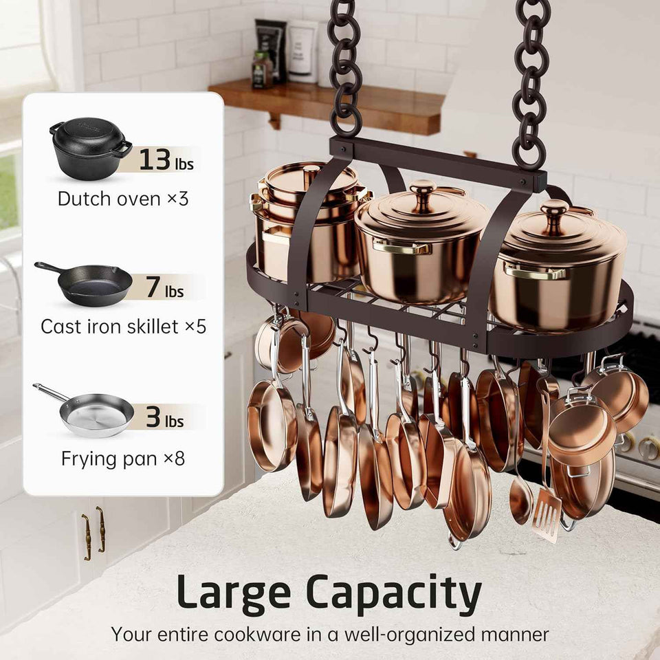 KES 34 inch Oiled Bronze Hanging Pot Rack with 20 Hooks for Kitchen Ceiling Mount, Heavy Duty Oval Pot Pan Hangers for 16 and 24 inch Joist Mount