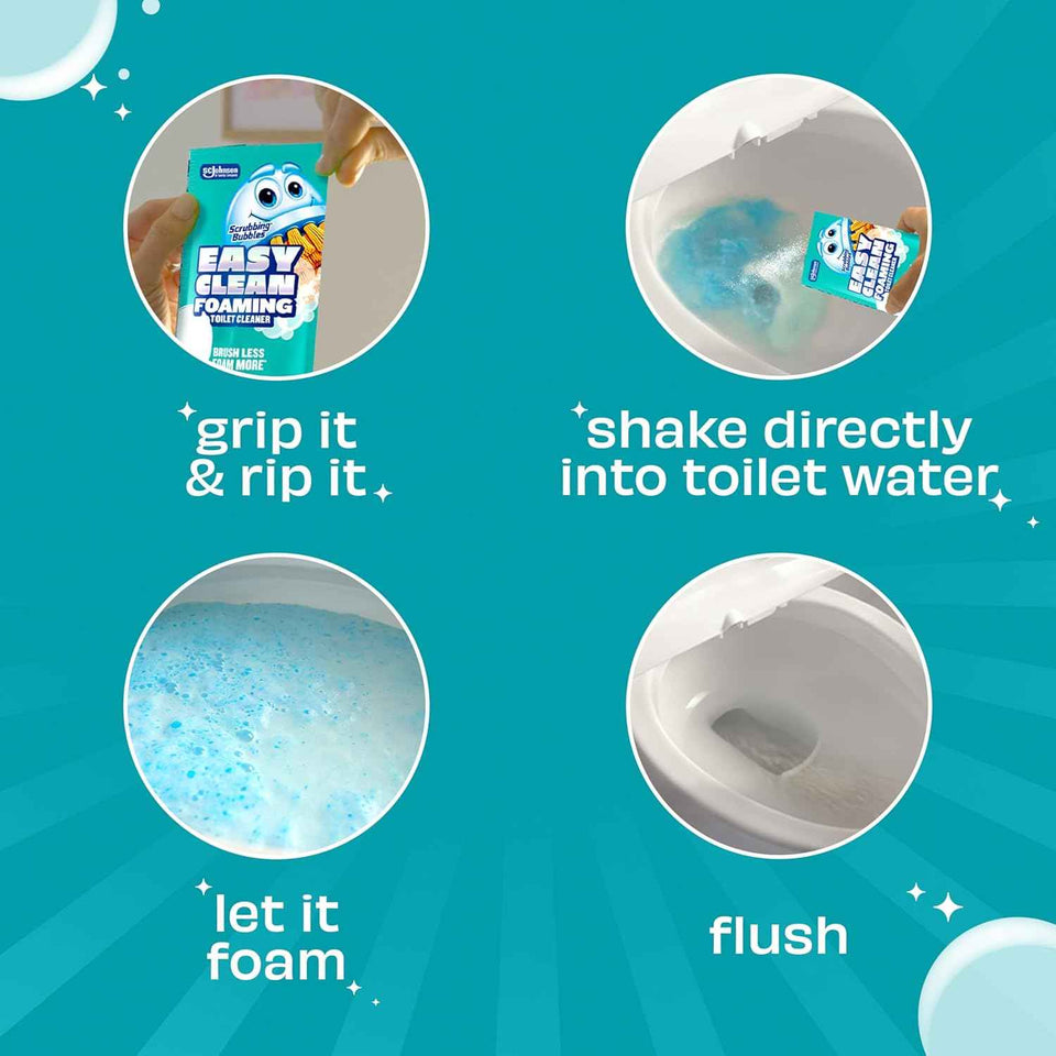 Scrubbing Bubbles easy clean foaming toilet bowl cleaner, 2 x 100g easy drop in powder pouches, quick cleaning