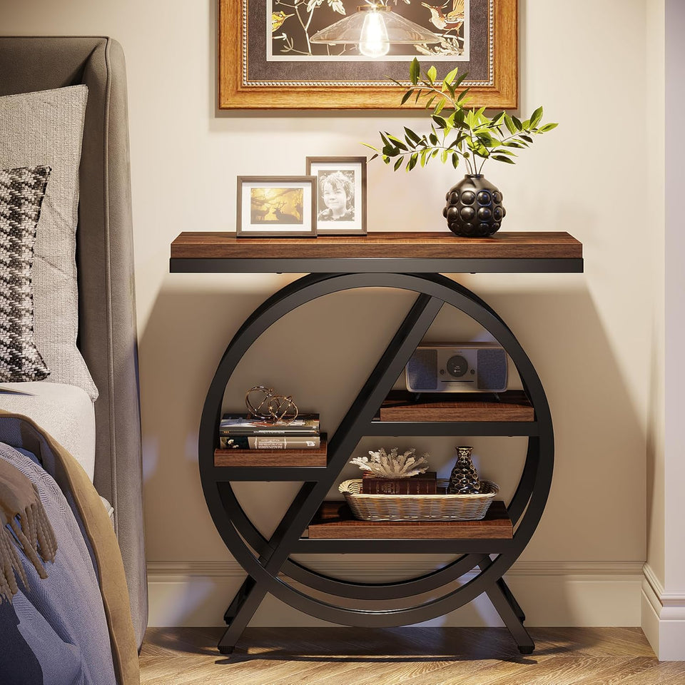 Tribesigns End Table for Living Room, 3-Tier Narrow Side Table with Storage, Wood Sofa Side Table with Geometric Metal Frame, Industrial Nightstand and Bedside Table for Bedroom