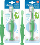 Dr Brown's Baby Toddler Toothbrush Green and Orange Dinosaur 2-Pack Ages 1-4 Years Soft Bristles Suction Cup Base