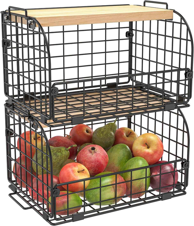 2-Set Stackable Wire Baskets with Openable Top - Versatile Kitchen, Pantry, and Countertop Organizer