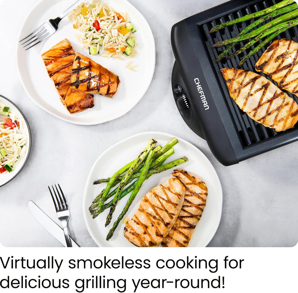 Chefman Electric Smokeless Indoor Grill w/ Non-Stick Cooking Surface & Adjustable Temperature Knob from Warm to Sear for Customized BBQing, Dishwasher Safe Removable Water Tray, Black