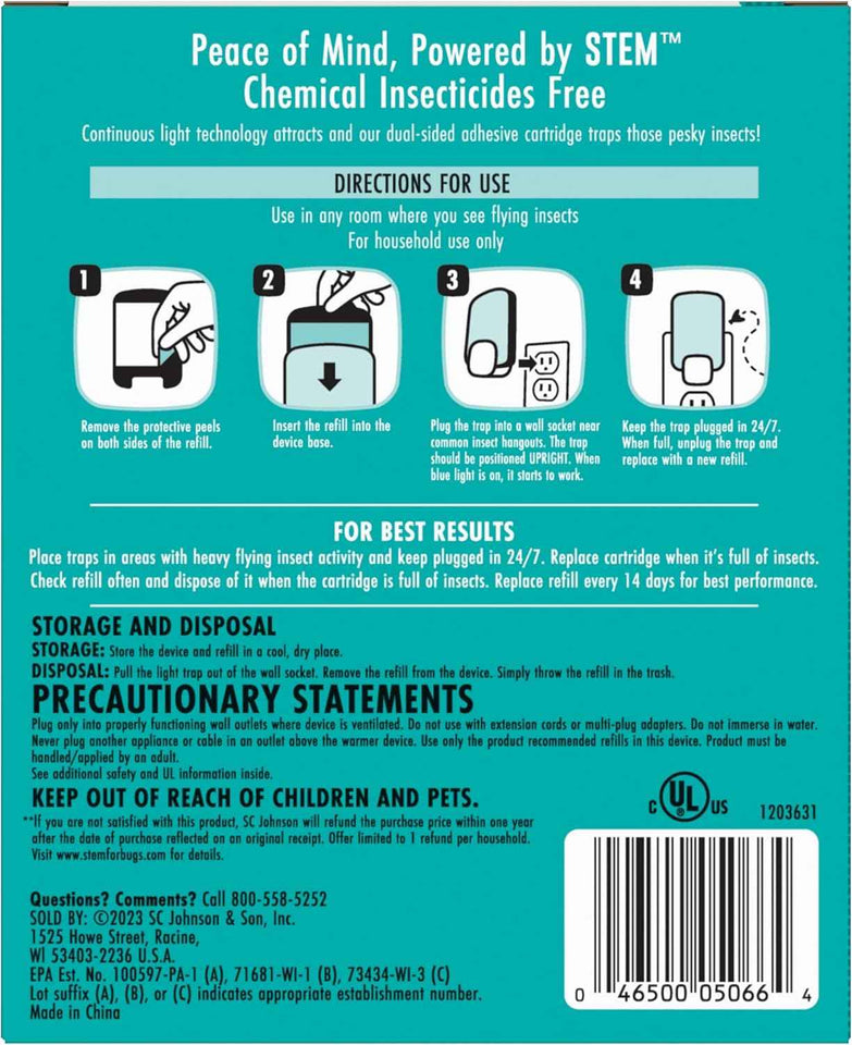 STEM Light Trap: Indoor Fruit Fly Trap, Effective Insect Control for Home, Attracts and Traps Flying Insects, Emits Soft Blue Light, Starter Kit with 2 Plug-In Devices and 2 Cartridges