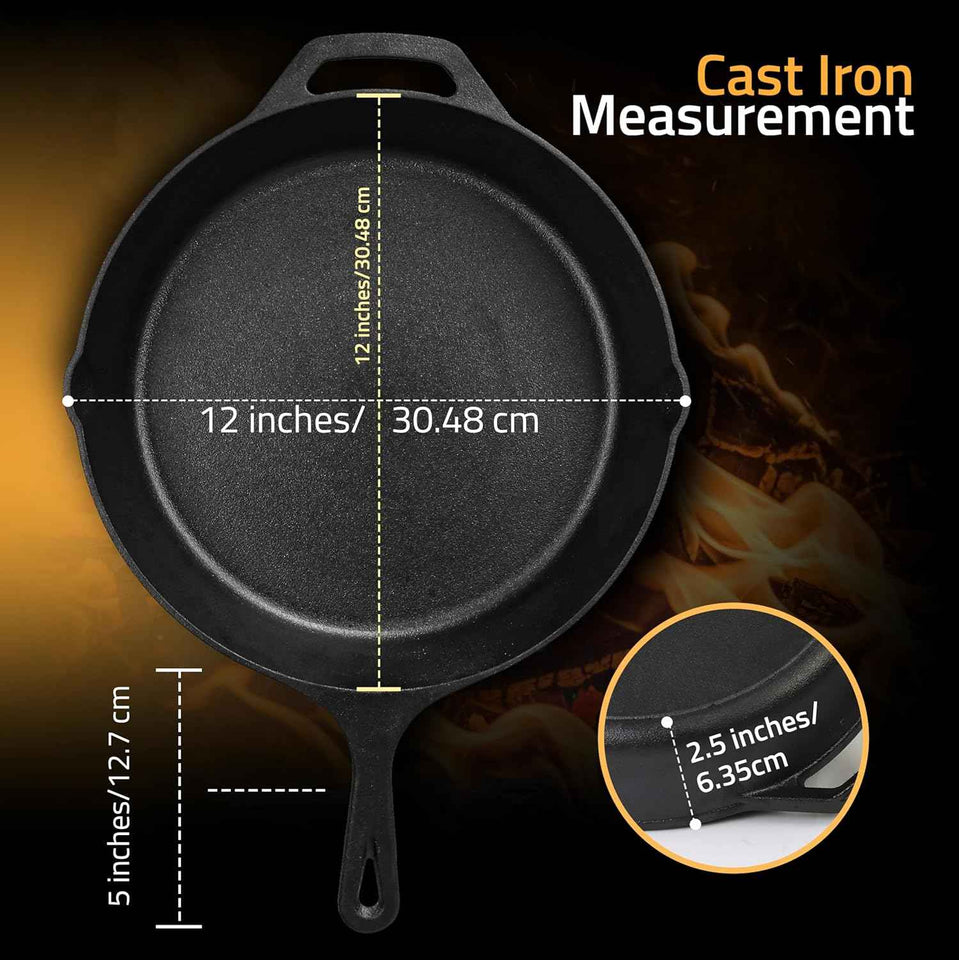 Utopia 12-inch pre-seasoned cast iron skillet, chef's pan for stovetop, oven, campfire, and grill use, black finish