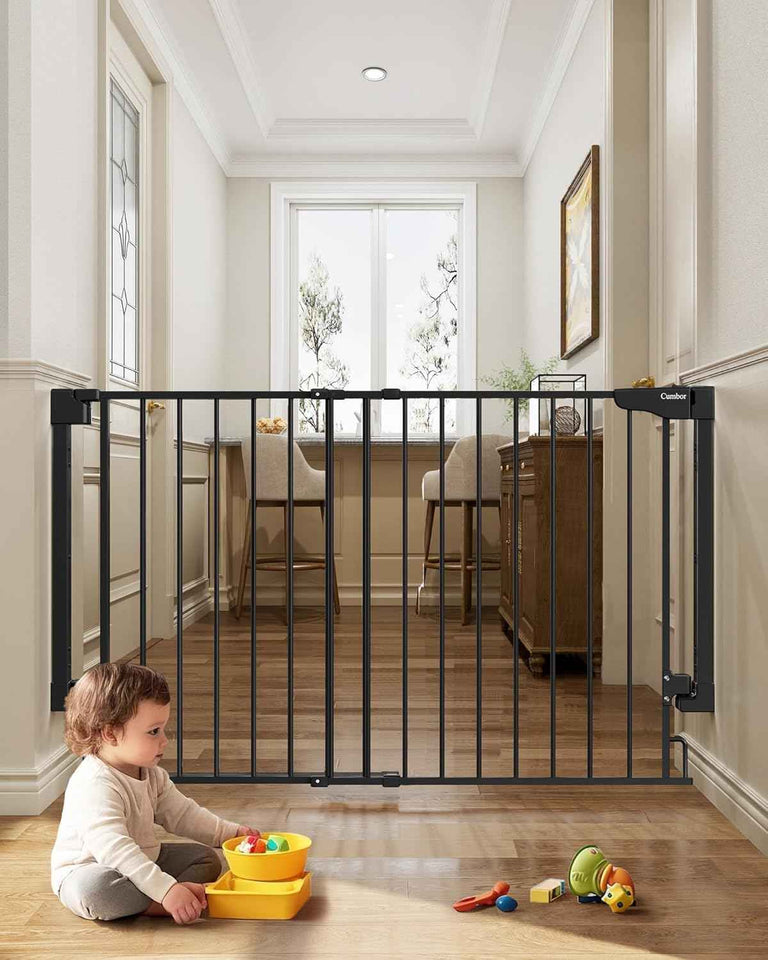 Cumbor 29.2–43" Baby Gate for Stairs, Wall-Mounted (Drill Required), Expandable No Bottom Bar Dog Gate, Auto Close Extra Wide Walk Thru, Pet & Toddler Proof Gate, Top & Bottom of Stairways (White)
