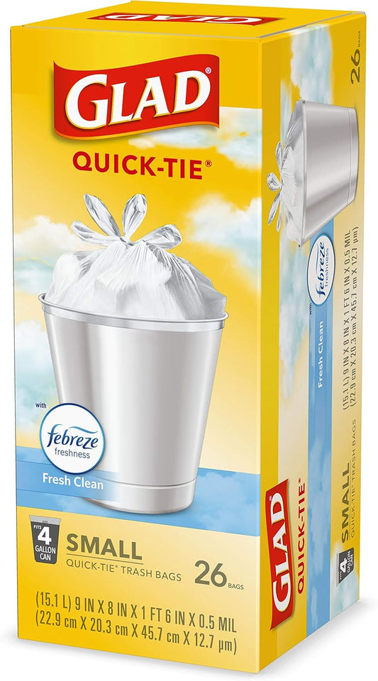 Glad Small Trash Bags 4 Gallon, Febreze Fresh Clean Garbage Bags, Odor Resistant with Quick Tie, 26 Count - Rayz Mart