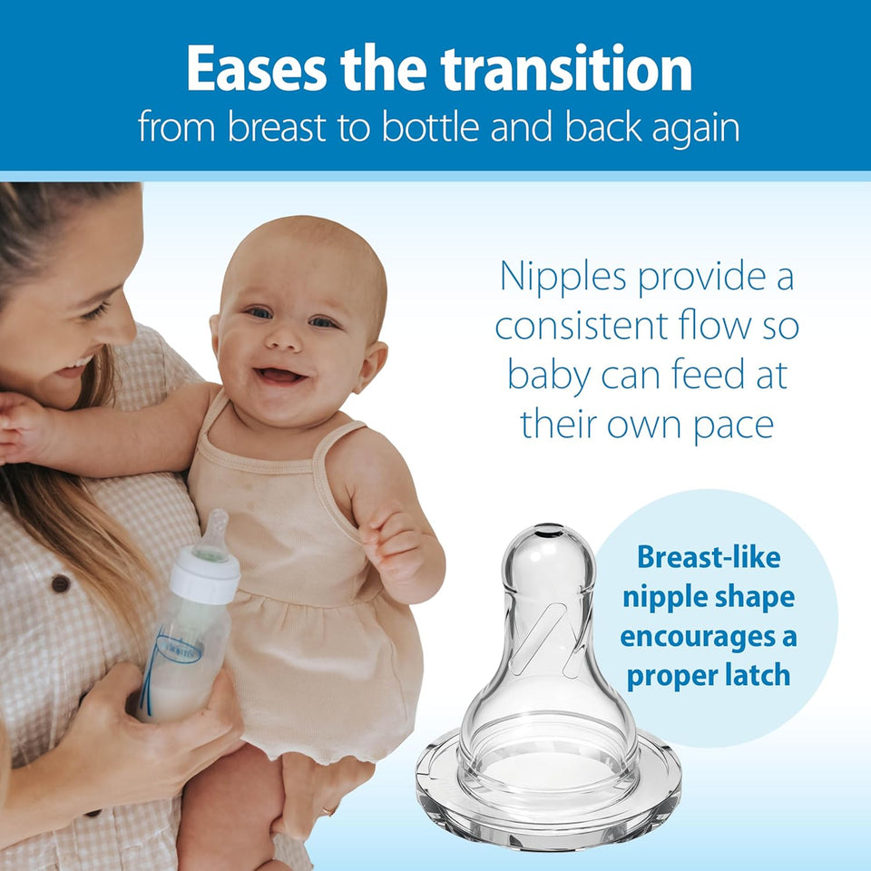 Dr. Brown's Natural Flow Anti-Colic Options+ Narrow Baby Bottle, 4 oz/120 mL, with Level 1 Slow Flow Nipple, 0m+, 4 Pack
