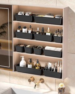 25-piece plastic drawer organizer set for makeup and desk storage, 4 sizes, black, stackable, easy to assemble