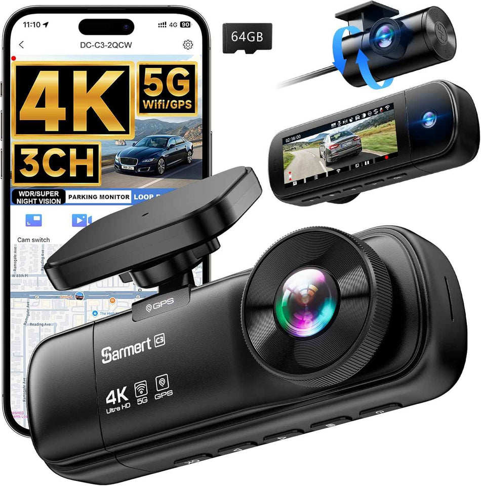 sarmert 4k 3 channel dash cam with 64gb free card, g-sensor, wdr, and 5g wifi
