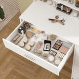 Quimoo Vanity Desk with Mirror & Lights, Makeup Vanity with 5 Drawers & Storage Shelves, White Vanity Table, 3 Color Modes & Adjustable Brightness, Dressing Table, Bedroom