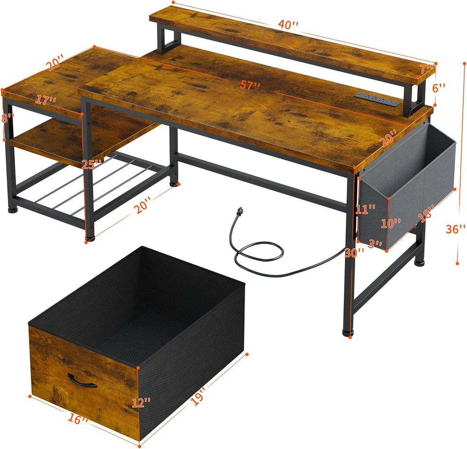 EnHomee 57" Office Desk with Drawers and Printer Space,Computer Desk with Power Outlets,Home Office Desks with File Drawers Cabinet,Study and Gaming Desk with Shelves Monitor Stand,Rustic Brown