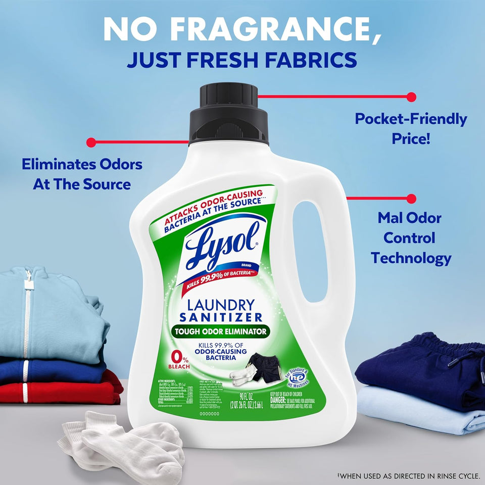 Lysol Tough Odor Eliminator Laundry Sanitizer Additive, Sanitizing Liquid for Gym Clothes and Activewear, 0% Bleach, Eliminates Odor Causing Bacteria, 90oz