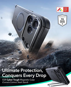 ESR for iPhone 17 Pro Max Case with Stash Stand, 7X Military-Grade Drop Protection with Camera Control, Shock-Absorbing Phone Rugged Cover, Compatible with MagSafe Accessories, Cyber Series, Black
